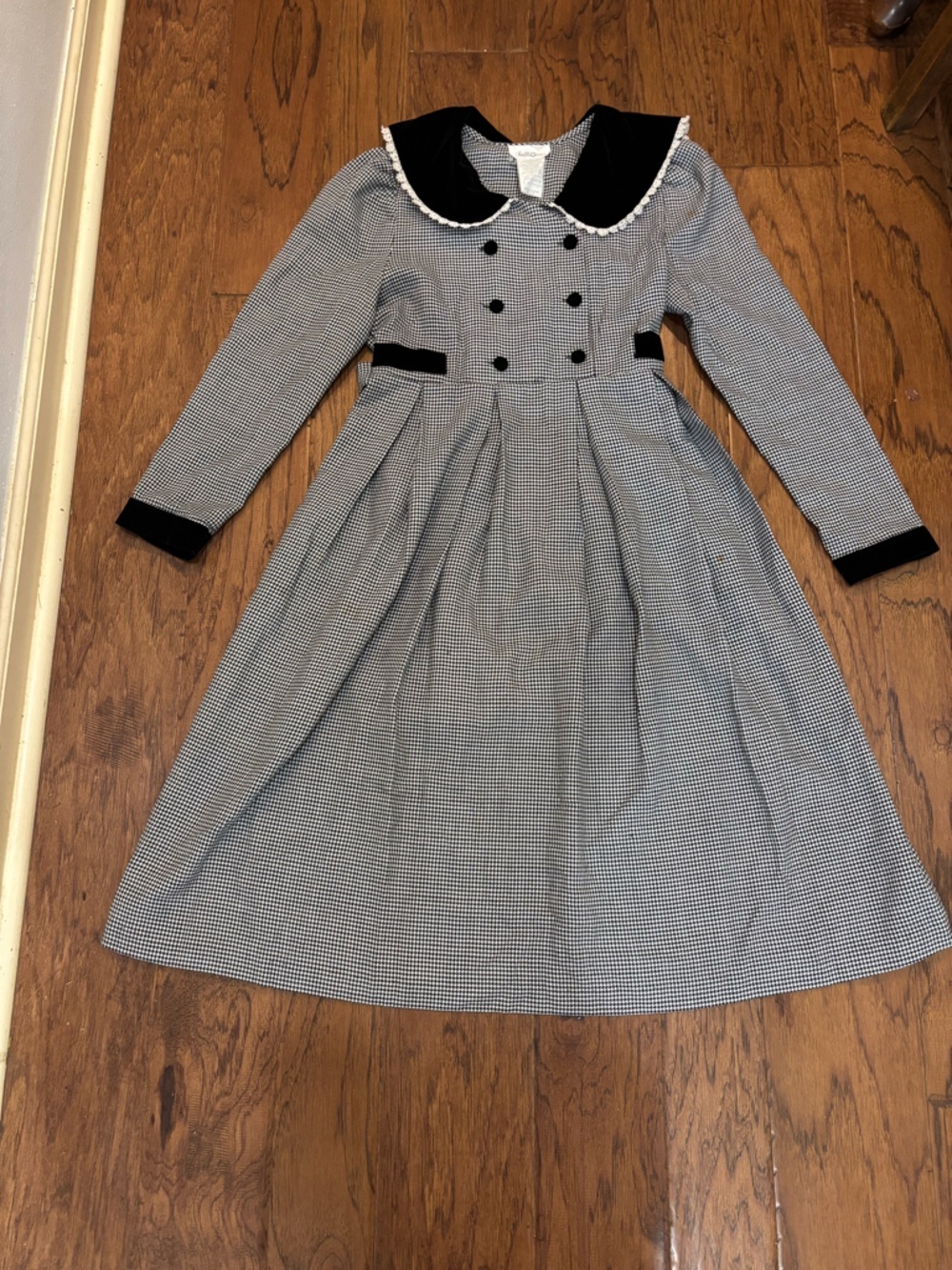 Bonnie Jean Black and White Houndstooth Velvet-Trim Dress Top Western